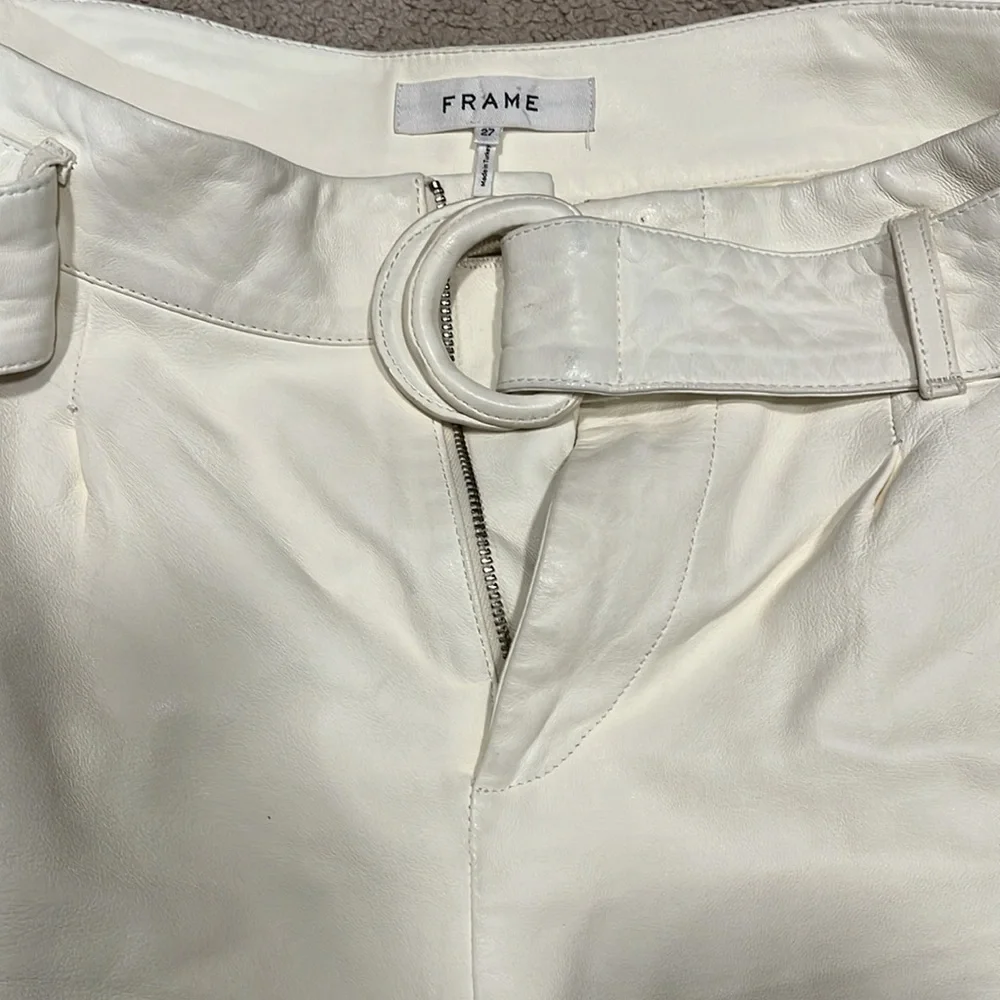 Frame Denim High Waist Cream bone lamb leather Belted Shorts - Picture 6 of 6